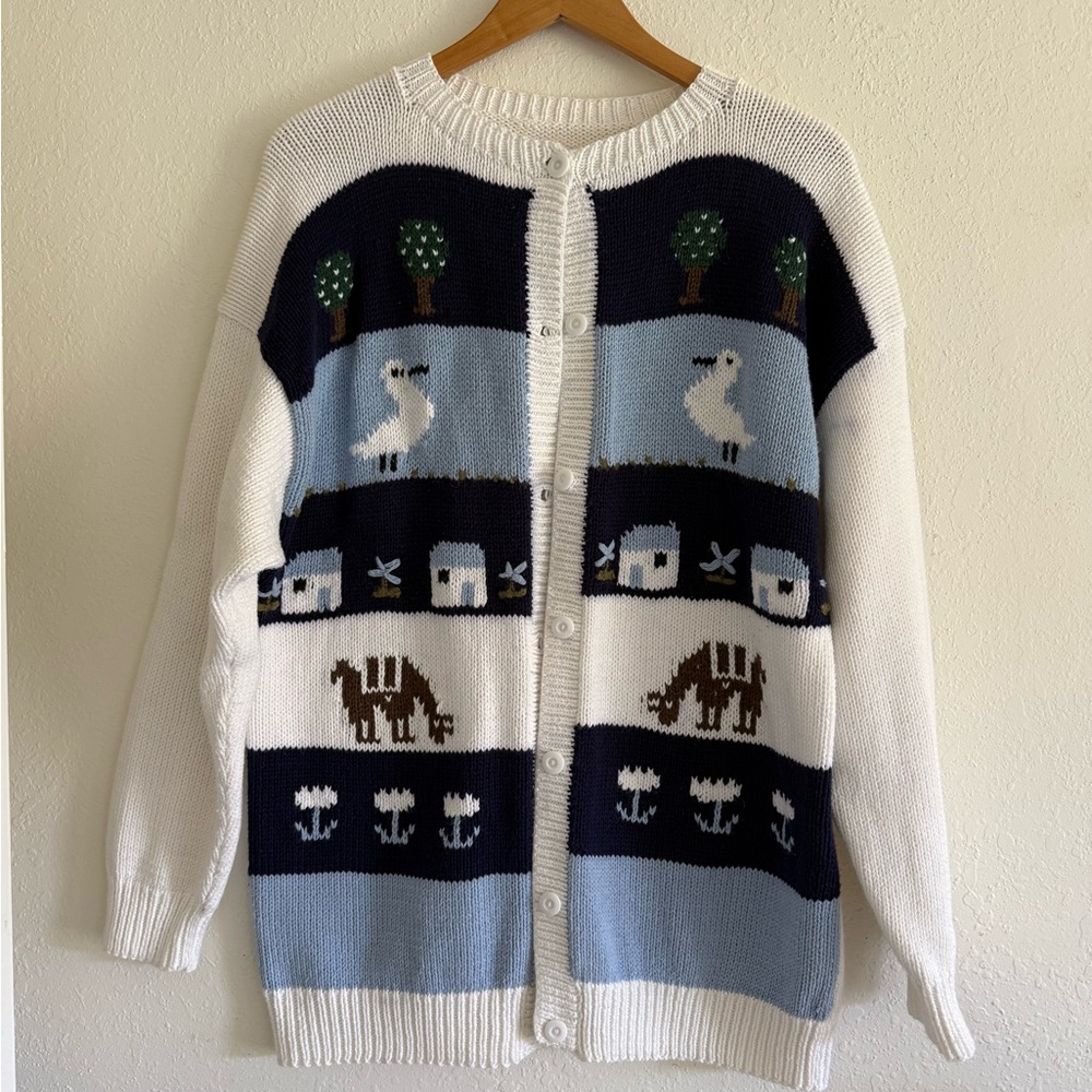 Hand knit Vintage Cozy White and Blue Patterned Cardigan